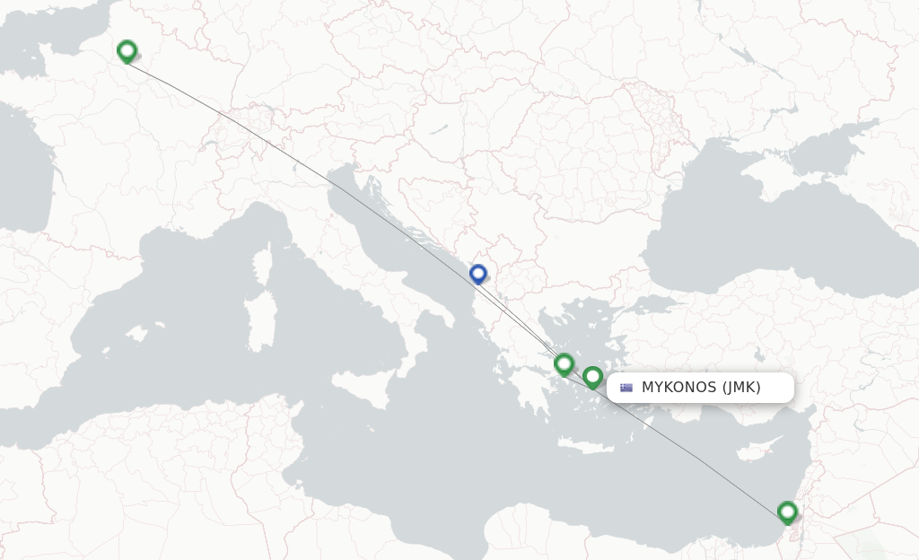 Route map with flights from Mykonos with Aegean Airlines
