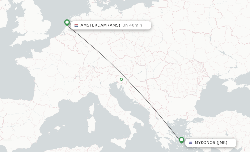 Flights from Mykonos to Amsterdam route map