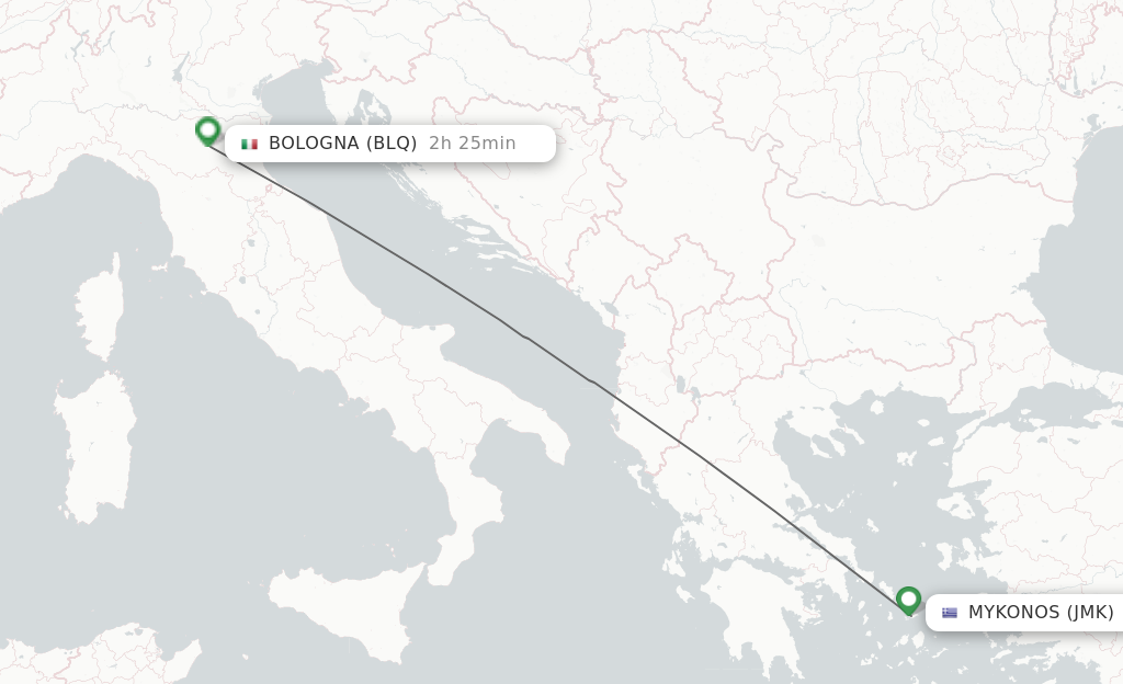 Flights from Mykonos to Bologna route map
