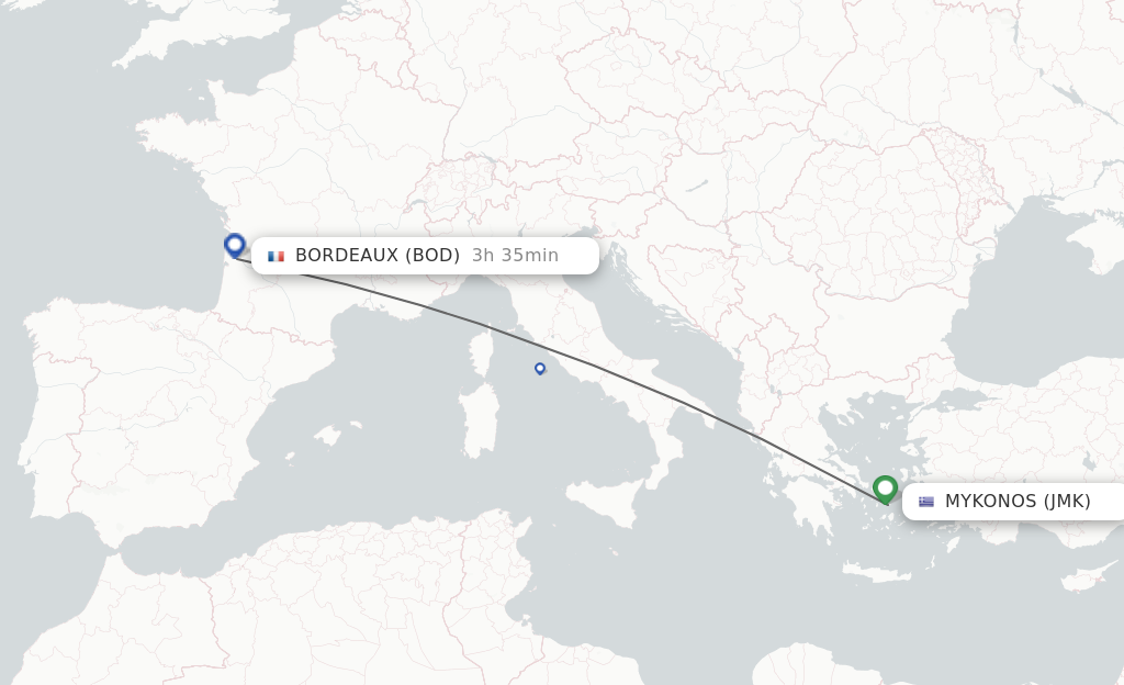 Flights from Mykonos to Bordeaux route map
