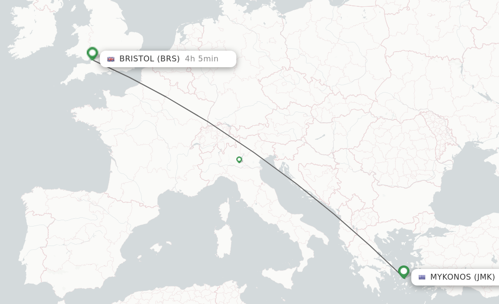 Flights from Mykonos to Bristol route map