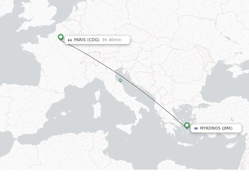 Flights from Mykonos to Paris route map