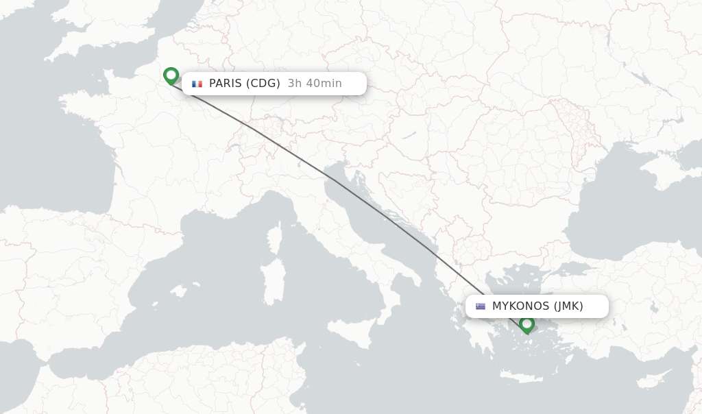 Flights from Mykonos to Paris route map