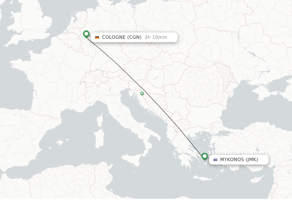 Flights from Mykonos to Cologne route map