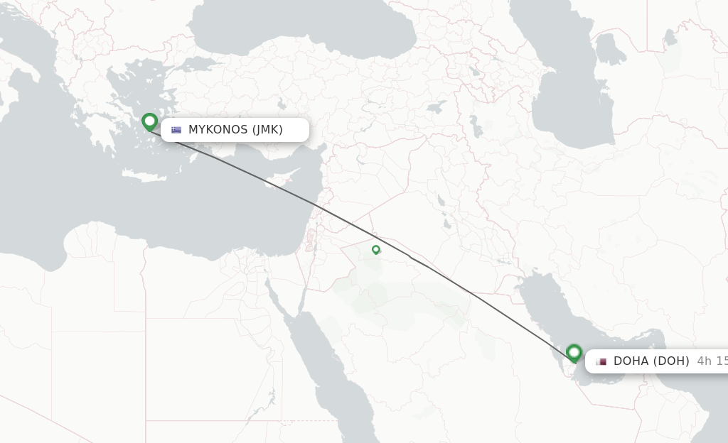 Flights from Mykonos to Doha route map