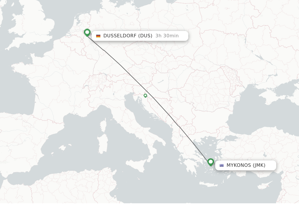 Flights from Mykonos to Dusseldorf route map
