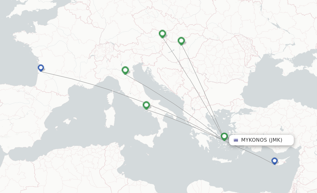 Route map with flights from Mykonos with Ryanair