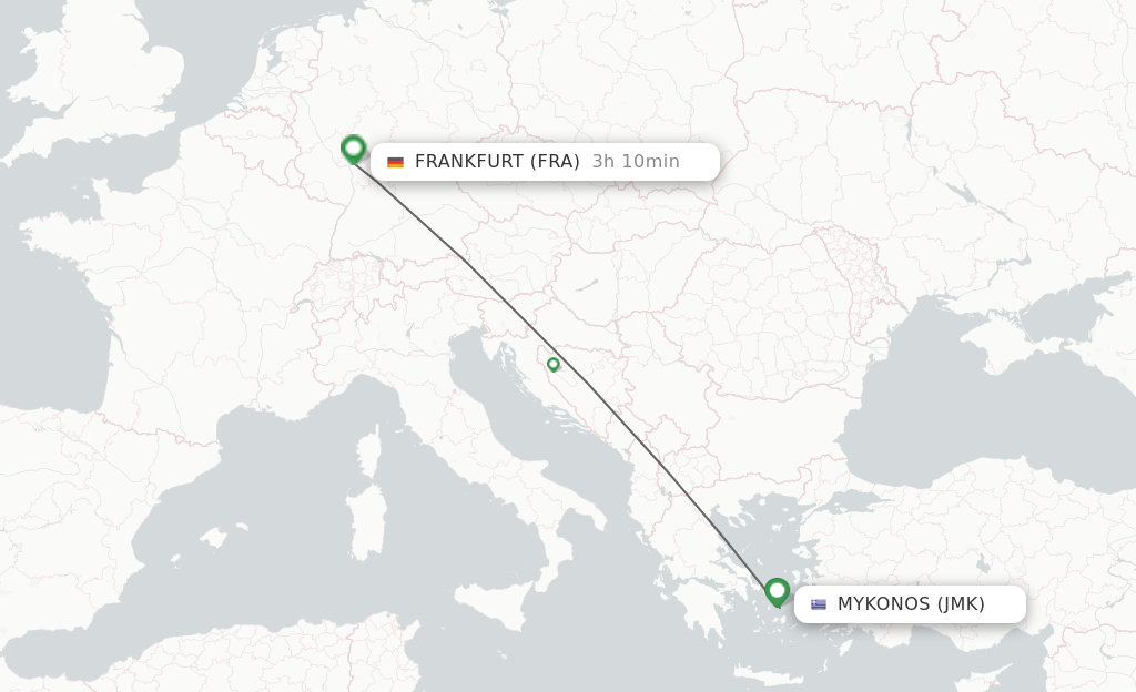 Flights from Mykonos to Frankfurt route map