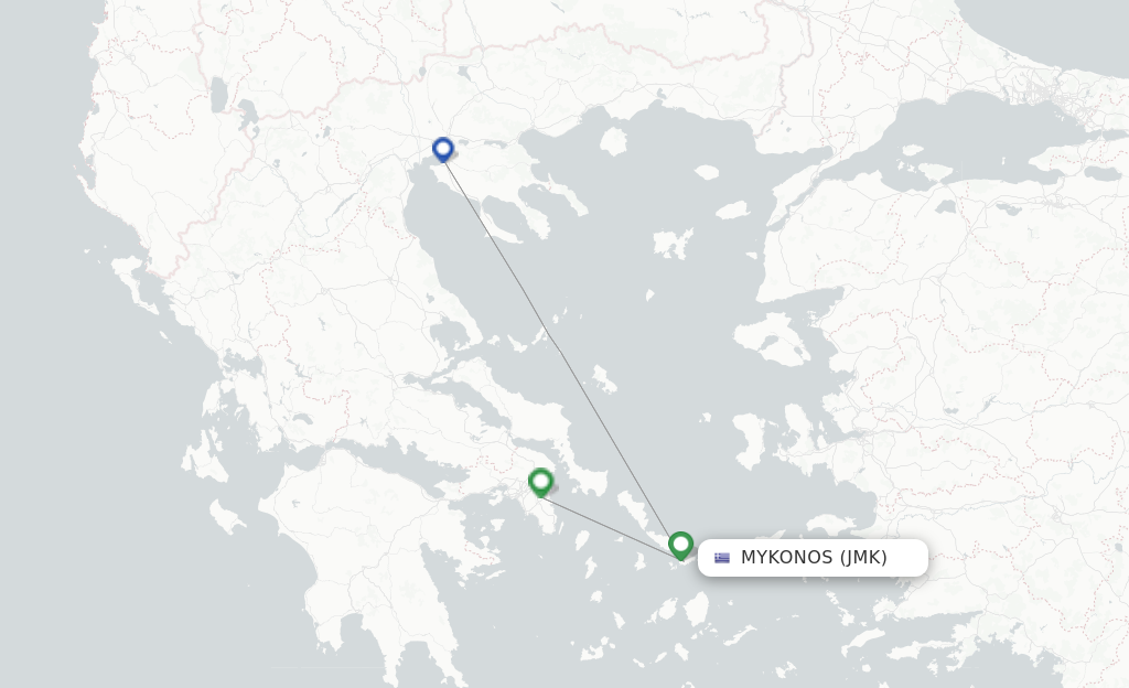 Route map with flights from Mykonos with Sky Express