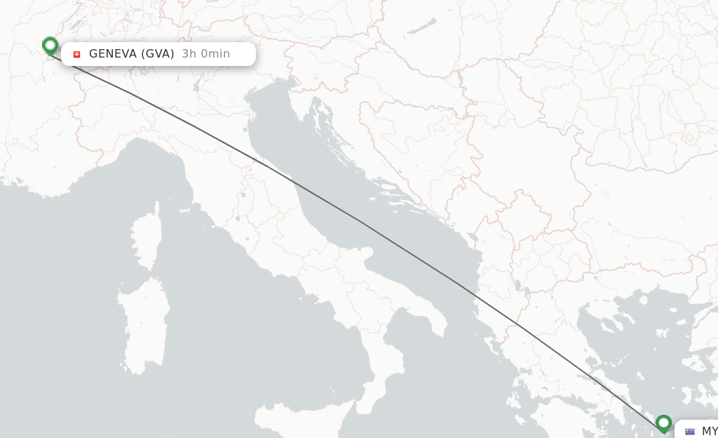 Flights from Mykonos to Geneva route map