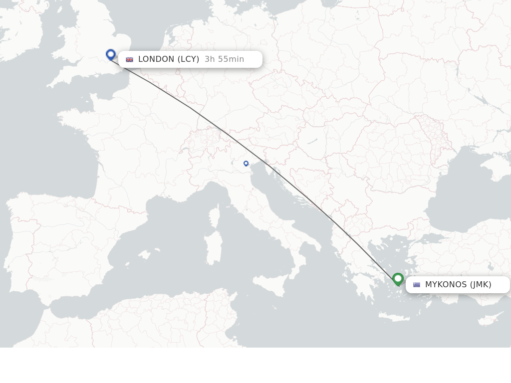 Flights from Mykonos to London route map
