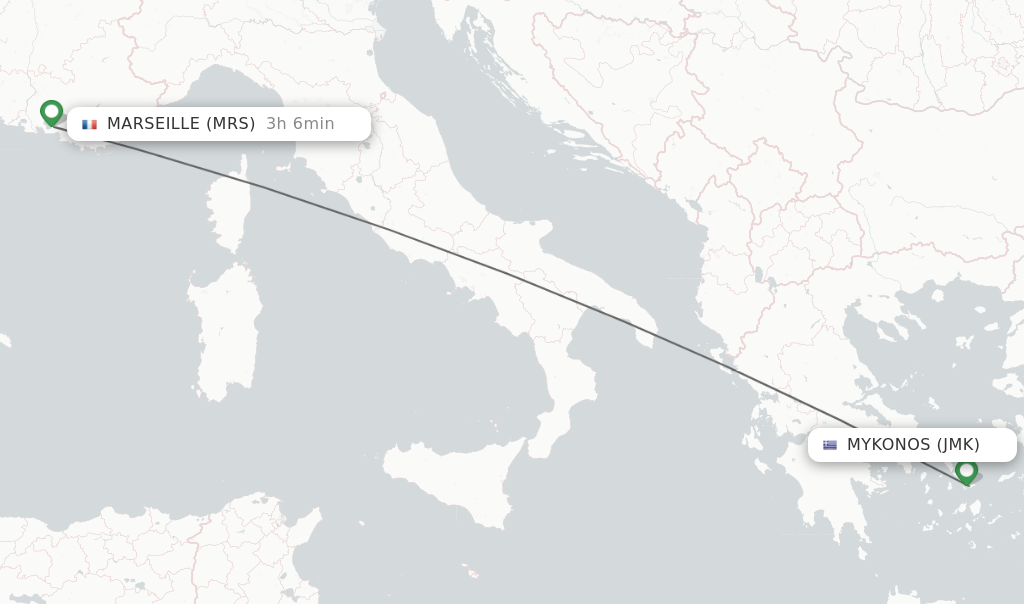 Flights from Mykonos to Marseille route map