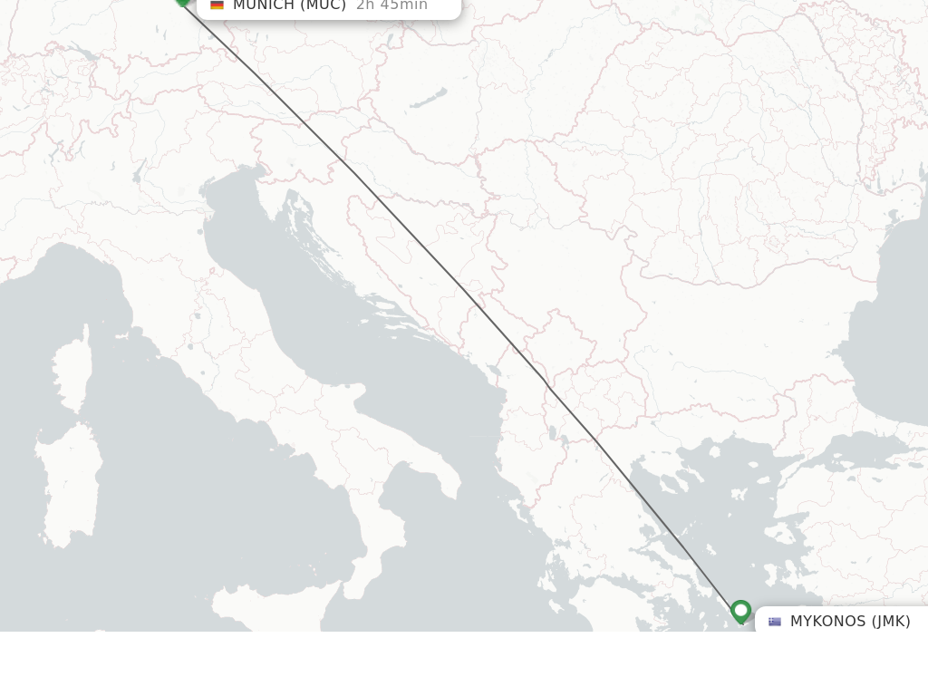Flights from Mykonos to Munich route map