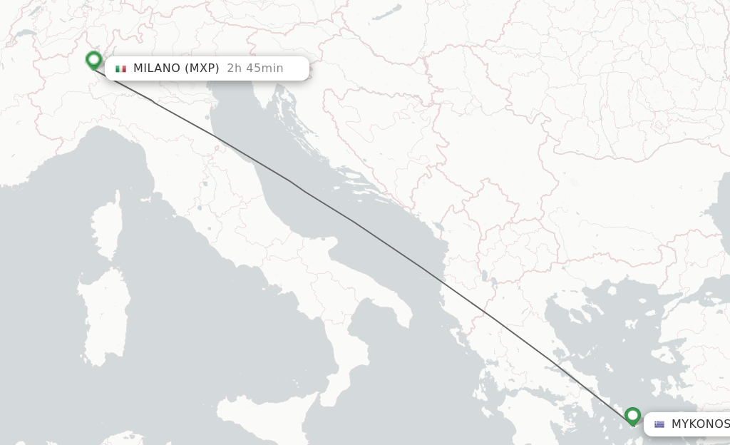 Flights from Mykonos to Milan route map