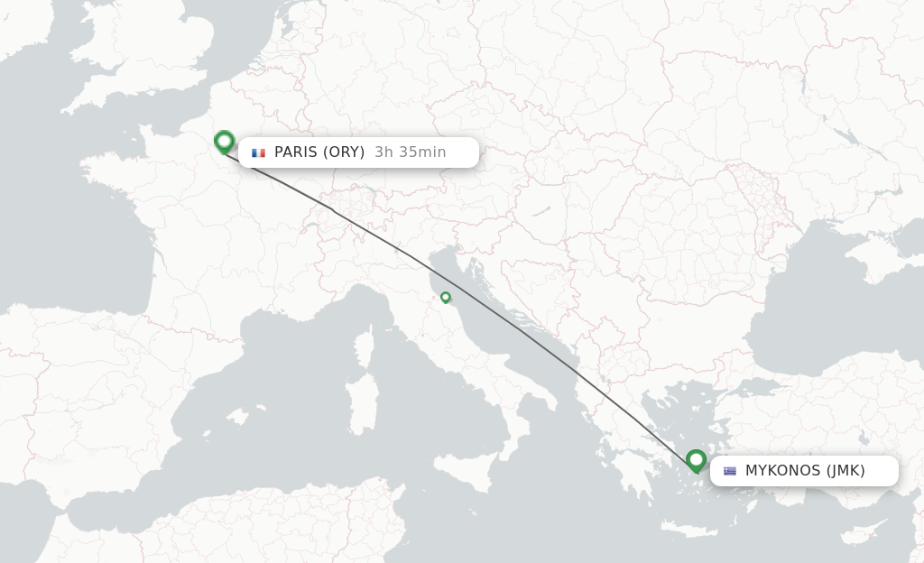 Flights from Mykonos to Paris route map