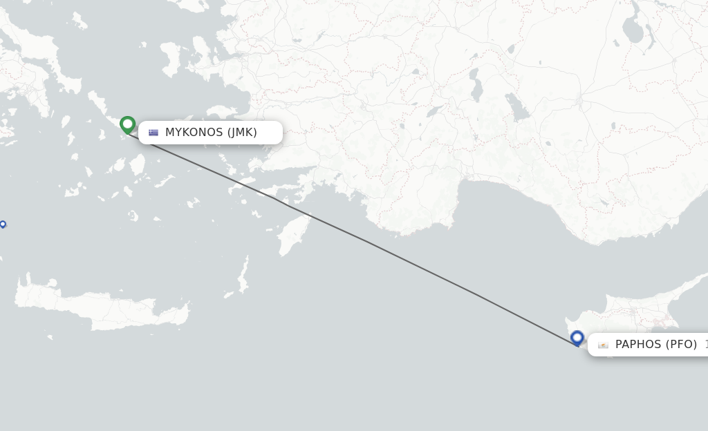 Flights from Mykonos to Paphos route map