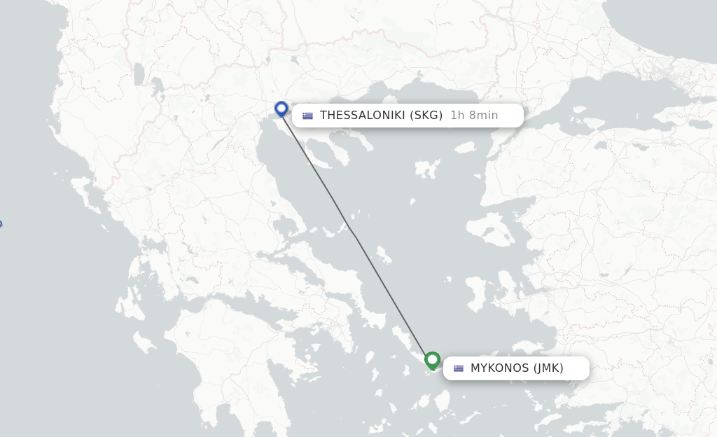 Flights from Mykonos to Thessaloniki route map