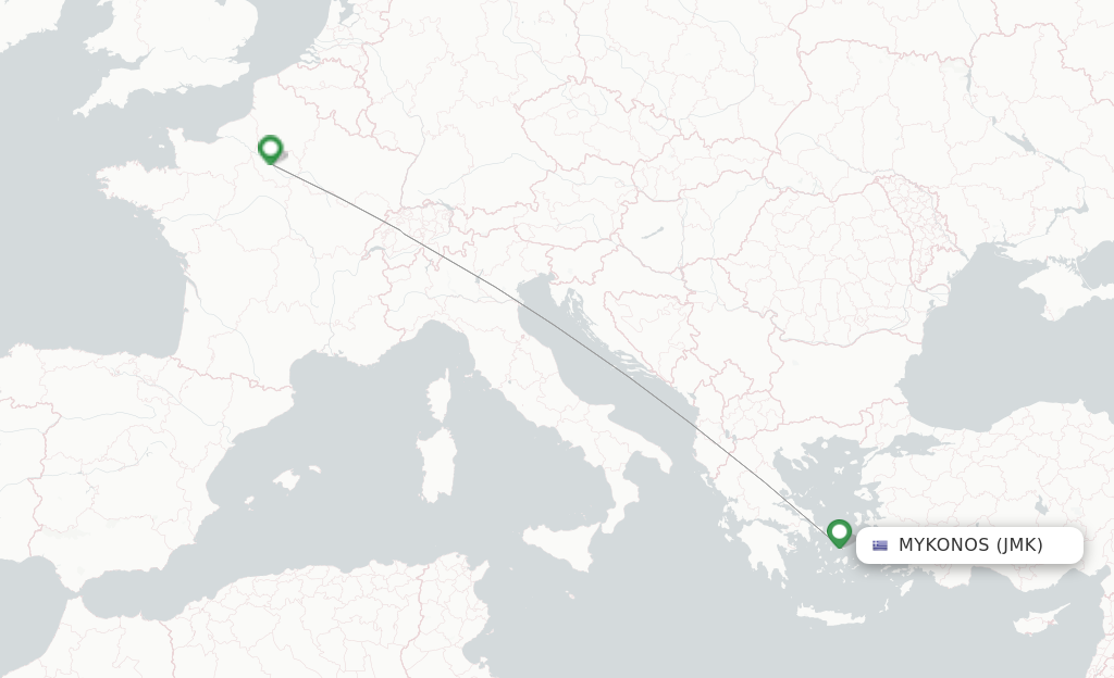 Route map with flights from Mykonos with Transavia France