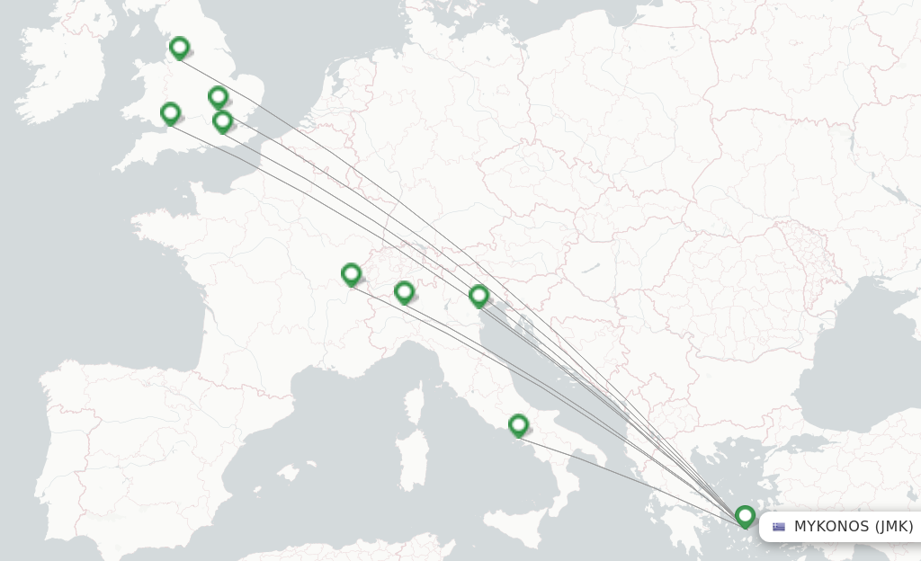 Route map with flights from Mykonos with easyJet