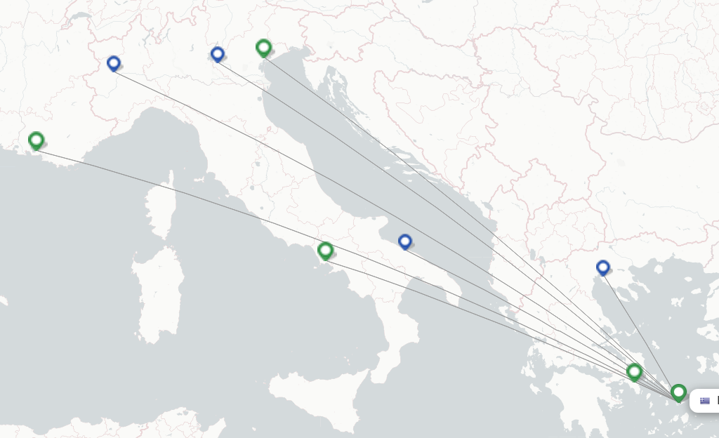 Route map with flights from Mykonos with Volotea