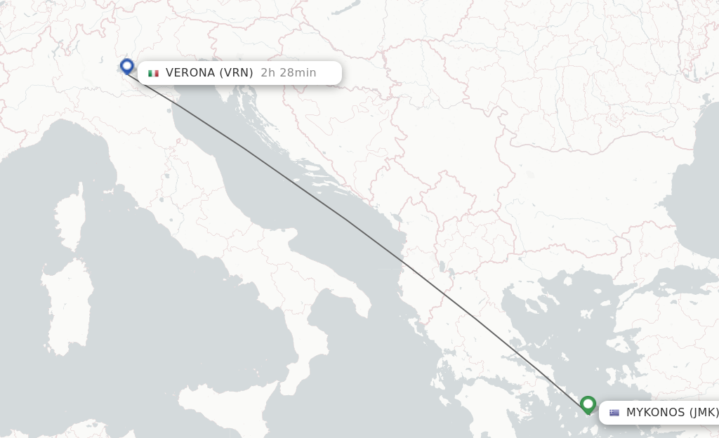 Flights from Mykonos to Verona route map