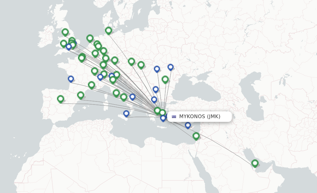 Flights from Mykonos to London route map