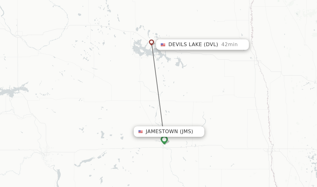 Flights from Jamestown to Devils Lake route map