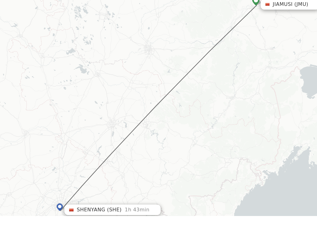 Flights from Jiamusi to Shenyang route map