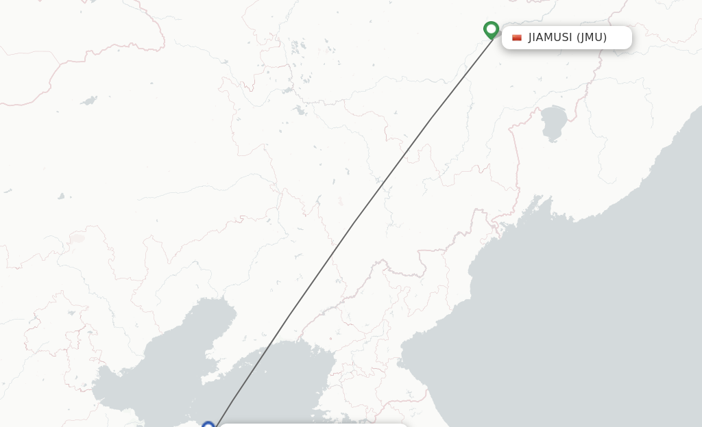 Flights from Jiamusi to Yantai route map
