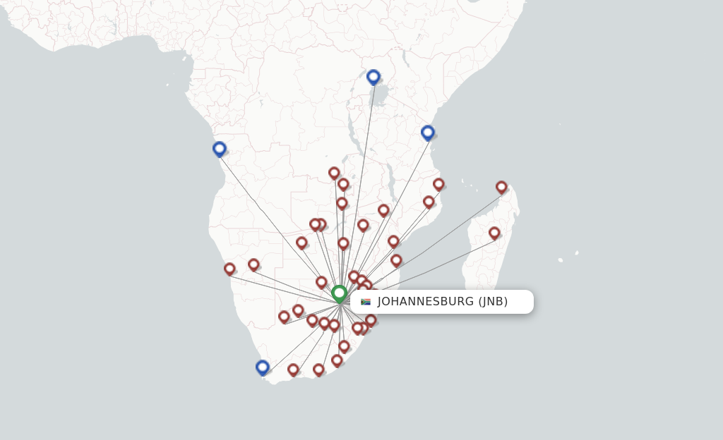 Route map with flights from Johannesburg with Airlink (South Africa)