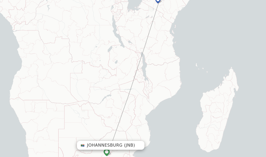 Route map with flights from Johannesburg with Kenya Airways