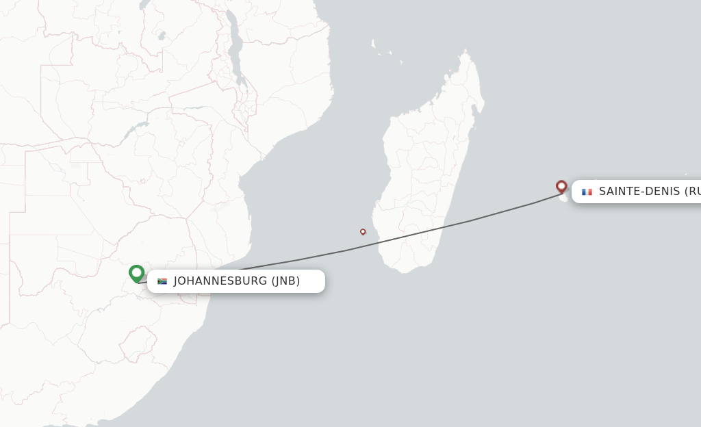 Flights from Johannesburg to Saint Denis de la Reunion route map