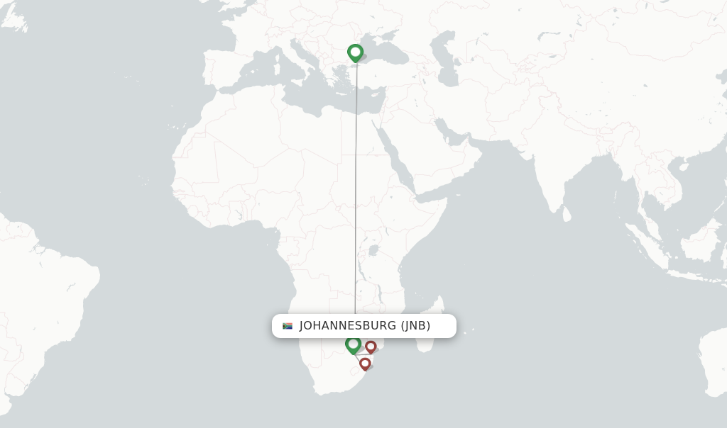 Route map with flights from Johannesburg with Turkish Airlines