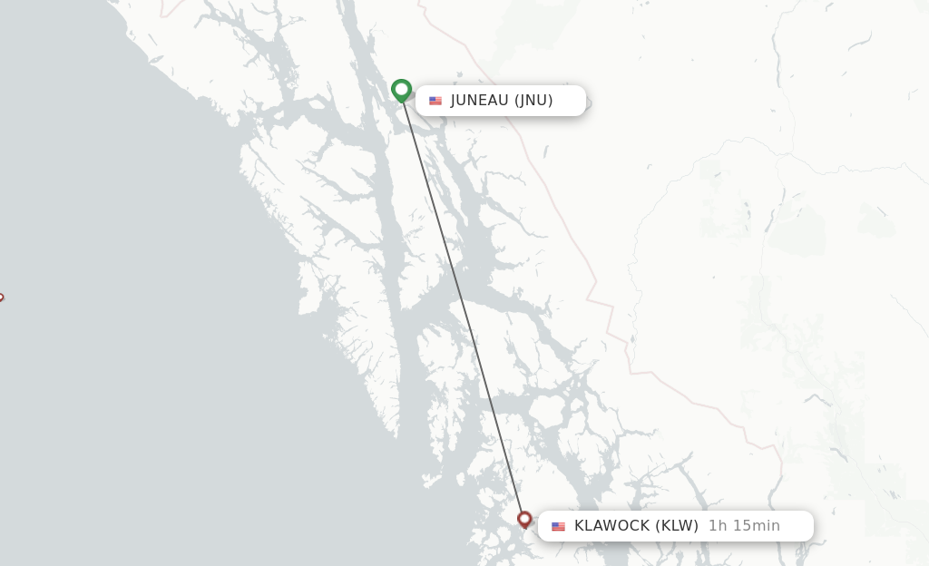 Flights from Juneau to Klawock route map