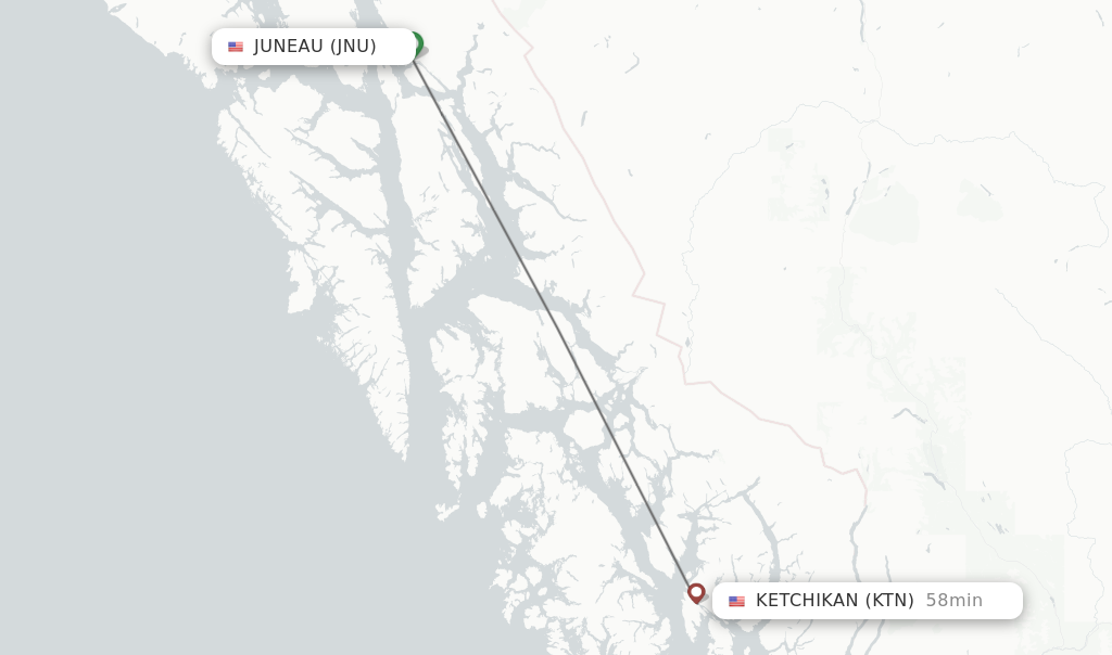 Flights from Juneau to Ketchikan route map