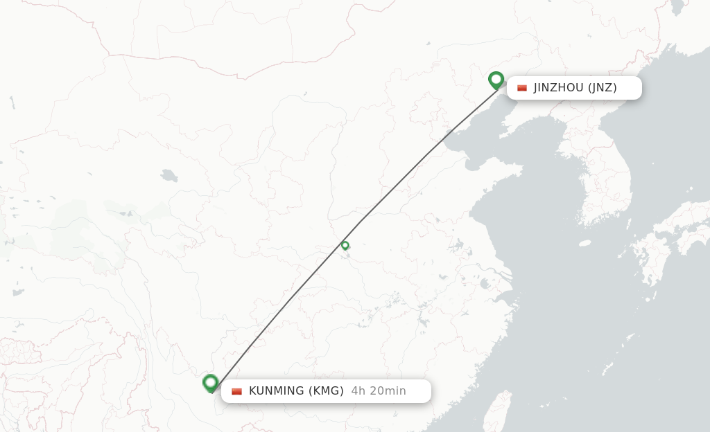 Flights from Jinzhou to Kunming route map