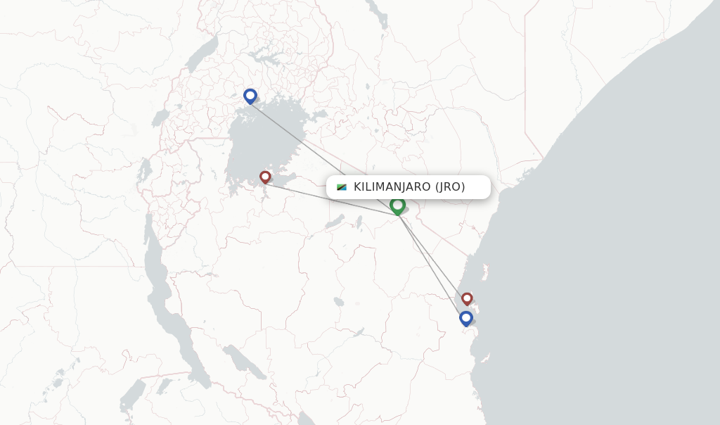 Route map with flights from Kilimanjaro with Air Tanzania