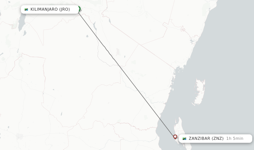 Flights from Kilimanjaro to Zanzibar route map
