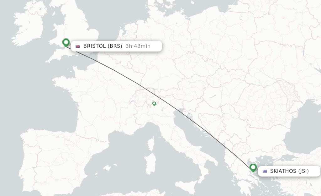 Flights from Skiathos to Bristol route map