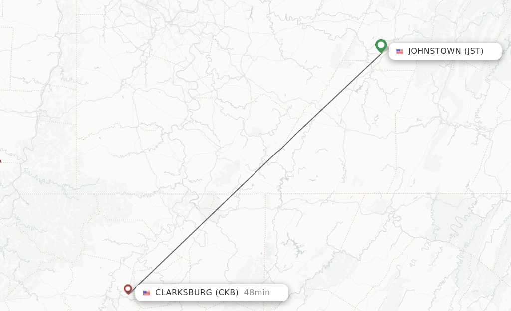 Flights from Johnstown to Clarksburg route map