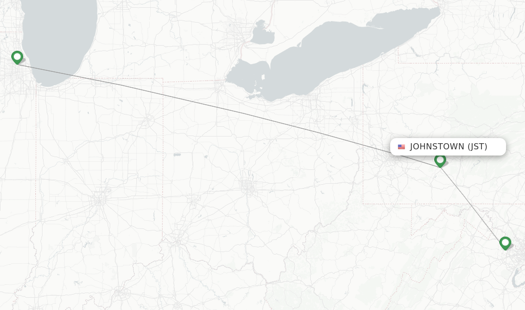 Route map with flights from Johnstown with United