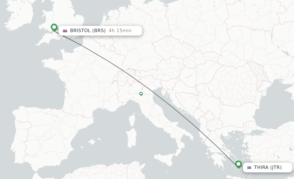 Flights from Thira to Bristol route map