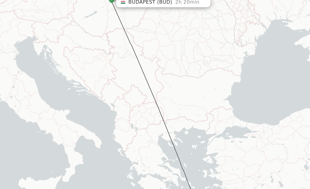 Flights from Thira to Budapest route map