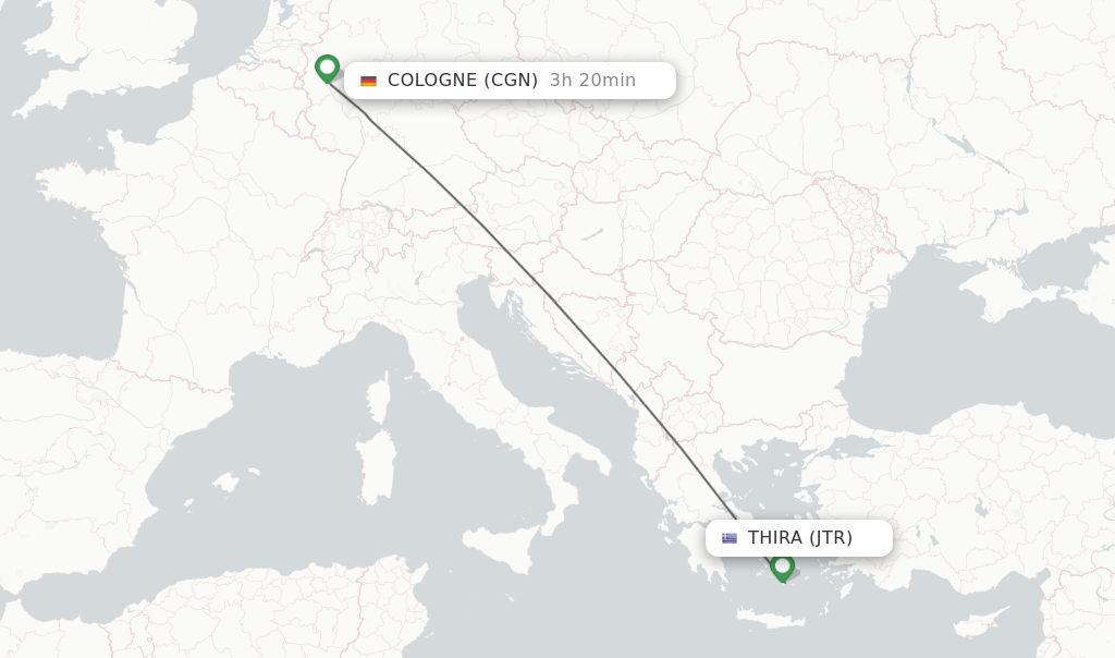 Flights from Thira to Cologne route map