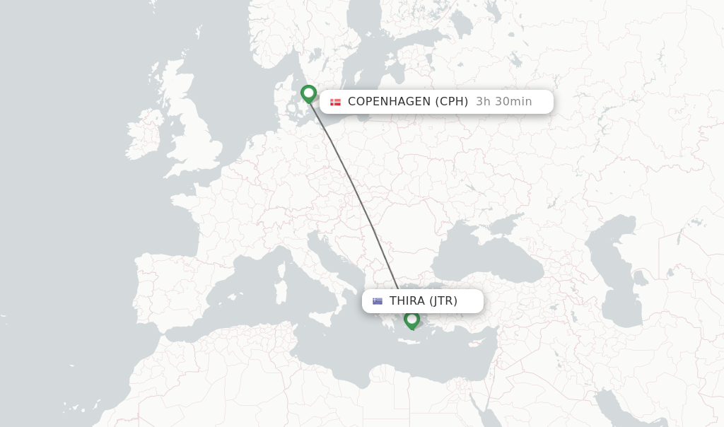 Flights from Thira to Copenhagen route map