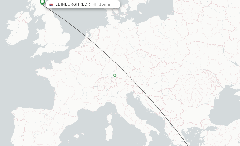 Flights from Thira to Edinburgh route map