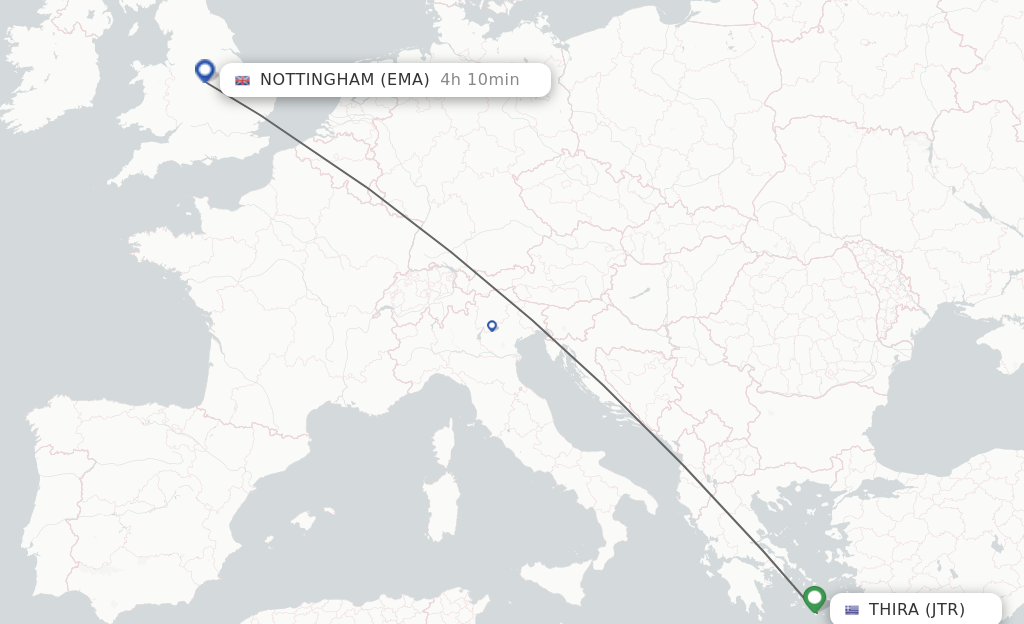 Flights from Thira to Leicestershire route map
