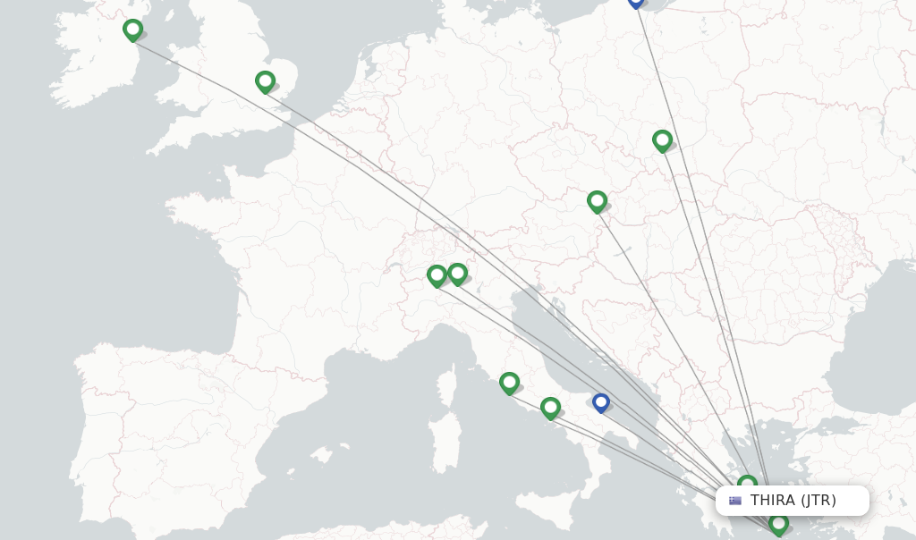 Route map with flights from Thira with Ryanair