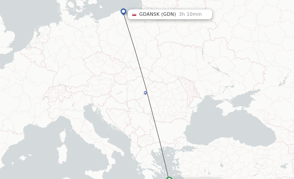 Flights from Thira to Gdansk route map