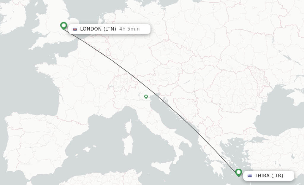 Flights from Thira to London route map